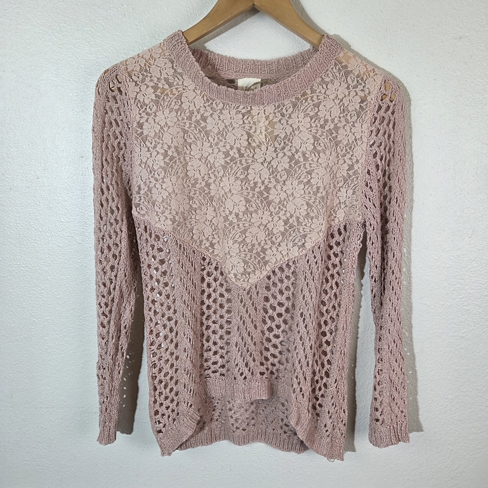 Listicle Lace Crochet Knit Sweater Womens Small Pink Boho Sheer Long Sleeve Top